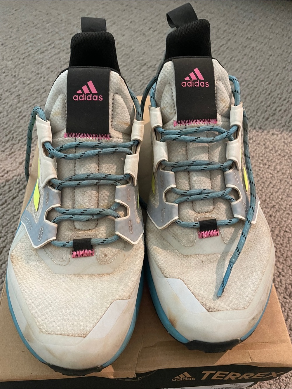 adidas Off-White Trail Runners with Blue Laces and Pink Logos